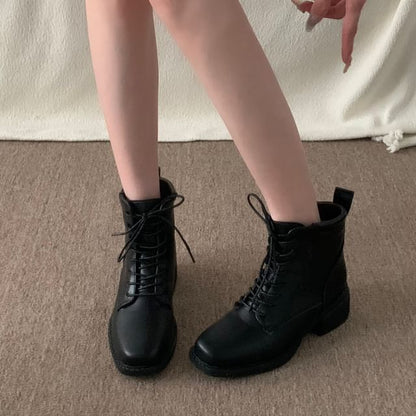 Chunky Heel Lace-Up Plain Faux Leather Short Boots