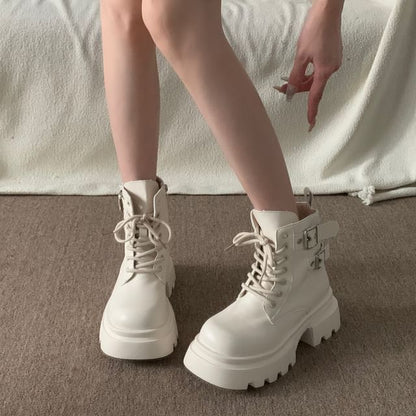 Platform Buckled Lace-Up Plain Faux Leather Short Boots