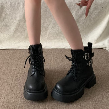 Platform Buckled Lace-Up Plain Faux Leather Short Boots