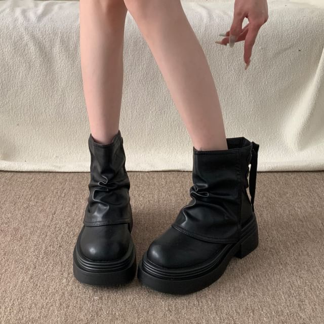 Platform Plain Ruched Faux Leather Short Boots