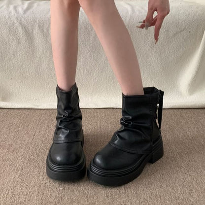 Platform Plain Ruched Faux Leather Short Boots
