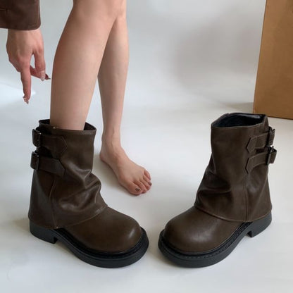 Platform Plain Buckled Faux Leather Short Boots