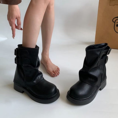 Platform Plain Buckled Faux Leather Short Boots