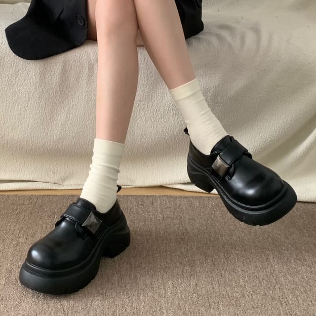Platform Adhesive Strap Plain Faux Leather Shoes