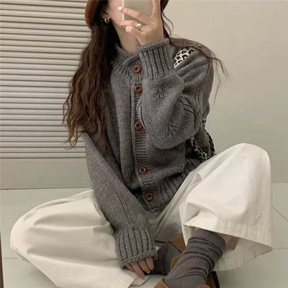 Stand Collar Perforated Button-Up Cardigan