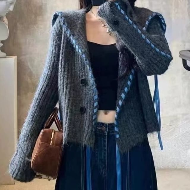 Melange Contrast Stitch Ribbed Collar Cardigan