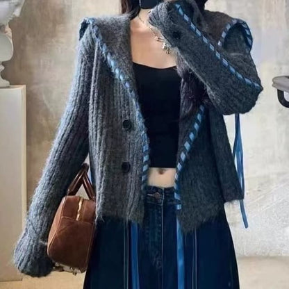 Melange Contrast Stitch Ribbed Collar Cardigan