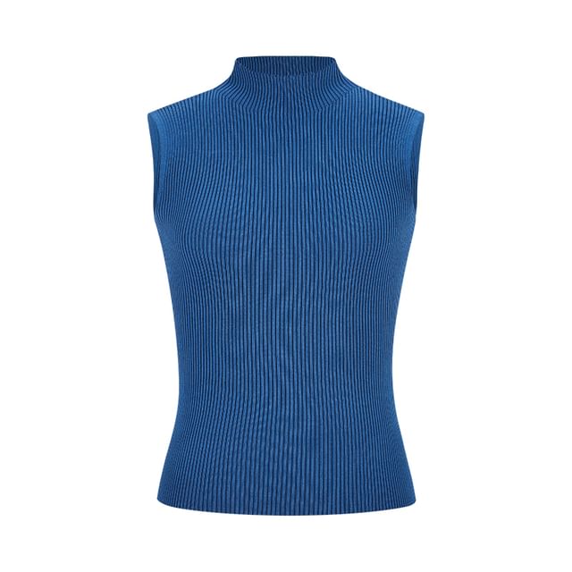 Ribbed Knit Tank Top with Mock Neck, Solid Color, Fitted