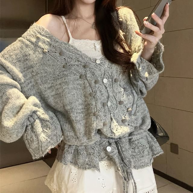 V-Neck Pom Pom Pointelle Cardigan
