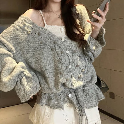 V-Neck Pom Pom Pointelle Cardigan