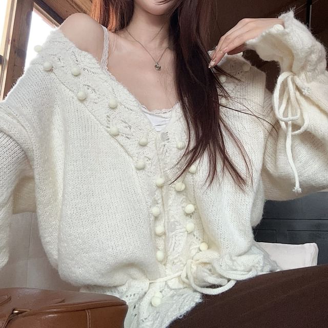 V-Neck Pom Pom Pointelle Cardigan
