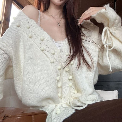 V-Neck Pom Pom Pointelle Cardigan