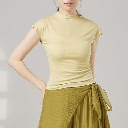 Plain Mock-Neck Short-Sleeved Dance Top
