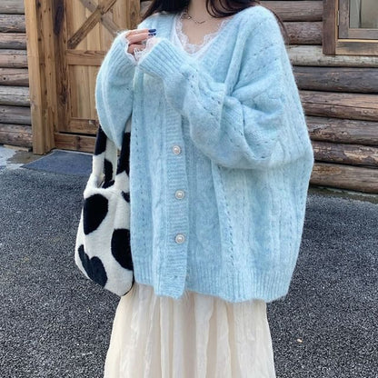 Long-Sleeve Lace Trim T-Shirt and V-Neck Pointelle Cardigan