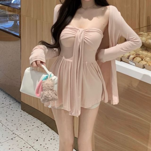 Knot Ruched Peplum Tube Top with Cardigan