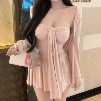 Knot Ruched Peplum Tube Top with Cardigan