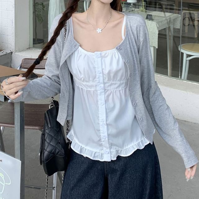 Ruffled Peplum Button Cami Top with Melange Cardigan