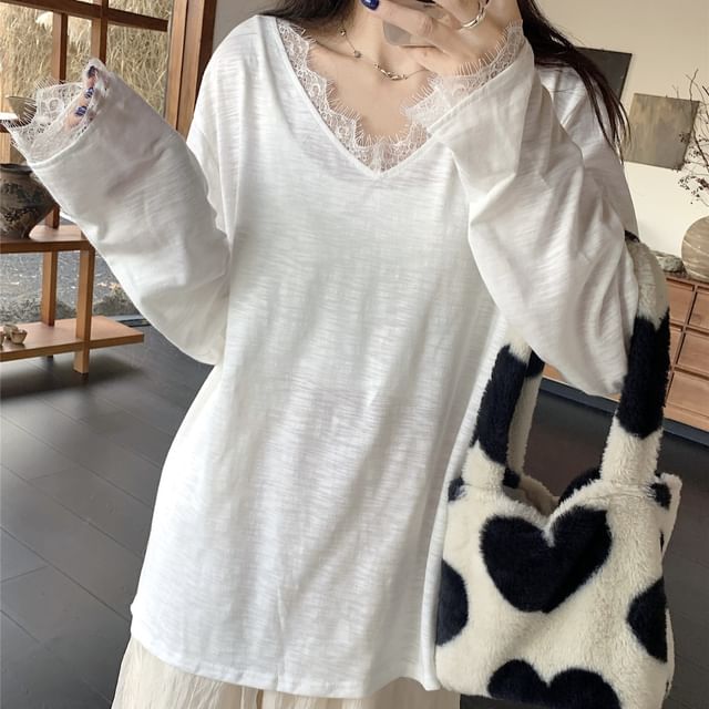 Long-Sleeve Lace Trim T-Shirt and V-Neck Pointelle Cardigan