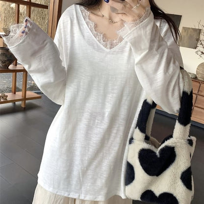 Long-Sleeve Lace Trim T-Shirt and V-Neck Pointelle Cardigan