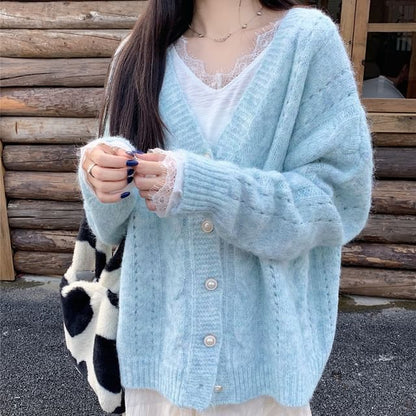 Long-Sleeve Lace Trim T-Shirt and V-Neck Pointelle Cardigan
