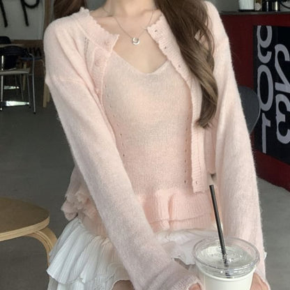 Round Neck Pointelle Cardigan Set with Ruffle Trim Knit Cami Top