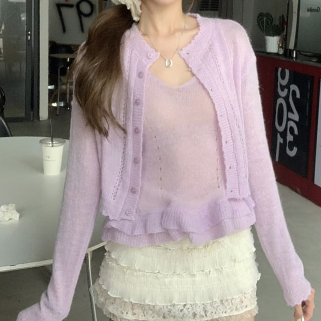 Round Neck Pointelle Cardigan Set with Ruffle Trim Knit Cami Top