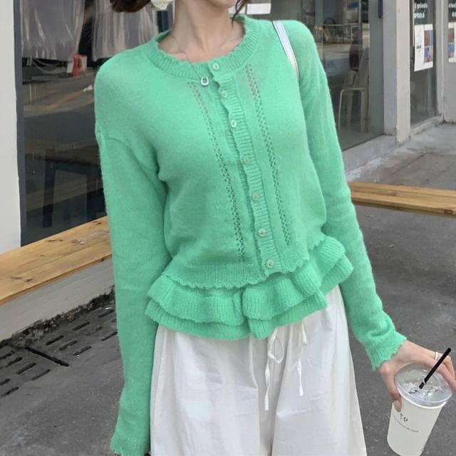 Round Neck Pointelle Cardigan Set with Ruffle Trim Knit Cami Top