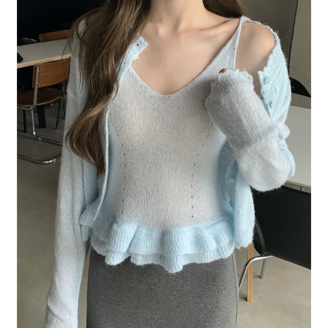 Round Neck Pointelle Cardigan Set with Ruffle Trim Knit Cami Top
