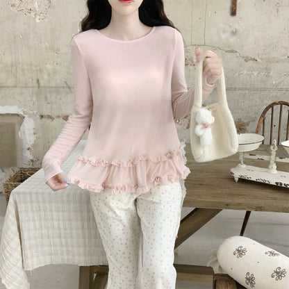 Ruffle Top with Round Neck, Long Sleeved, Solid Color