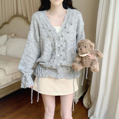 Pom Pom Crochet V-Neck Cardigan
