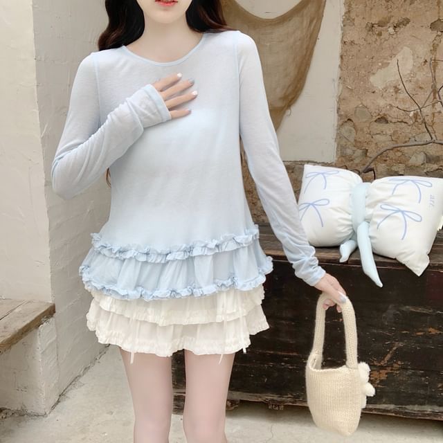 Ruffle Top with Round Neck, Long Sleeved, Solid Color