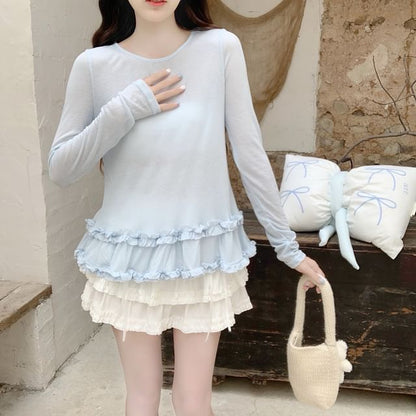 Ruffle Top with Round Neck, Long Sleeved, Solid Color