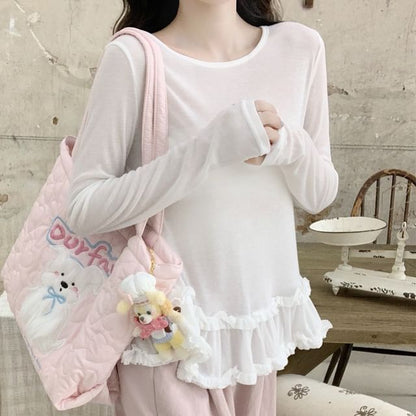 Ruffle Top with Round Neck, Long Sleeved, Solid Color
