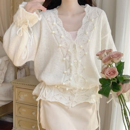 Pom Pom Crochet V-Neck Cardigan