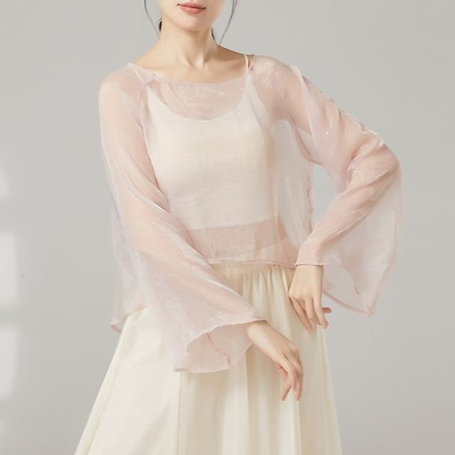 Sheer Boat-Neck Long-Sleeved Dance Top