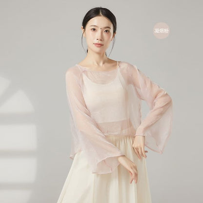 Sheer Boat-Neck Long-Sleeved Dance Top