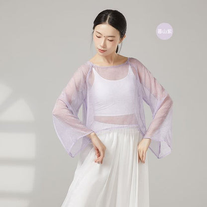 Sheer Boat-Neck Long-Sleeved Dance Top