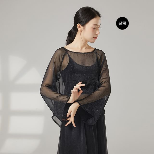 Sheer Boat-Neck Long-Sleeved Dance Top