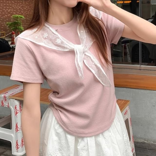 Solid Tee with Round Neck, Short Sleeved, Scarf Set