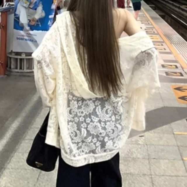 Lace Zip Jacket with Hood, Solid Color, Long Sleeved