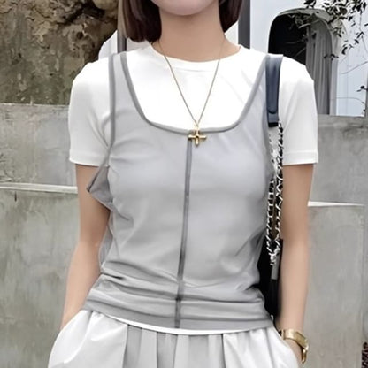 Mesh Overlay Top with Round Neck, Short Sleeved, Mock Two Piece