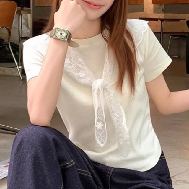 Solid Tee with Round Neck, Short Sleeved, Scarf Set