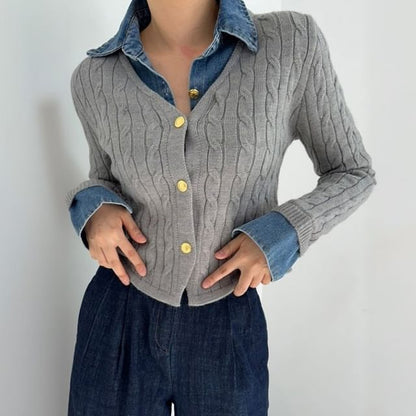 Denim Collar Mock Two-Piece Cardigan
