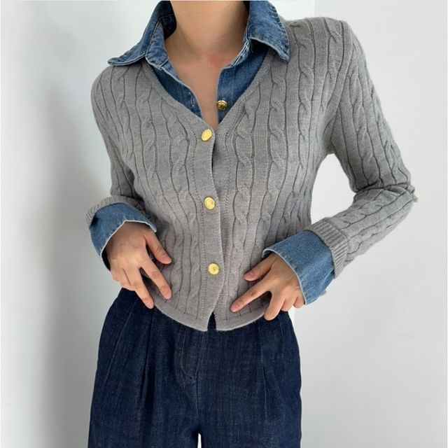 Denim Collar Mock Two-Piece Cardigan