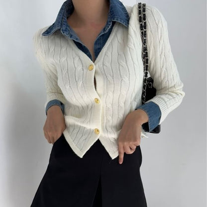 Denim Collar Mock Two-Piece Cardigan