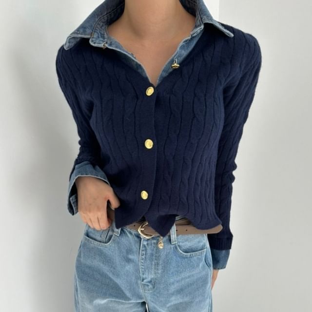 Denim Collar Mock Two-Piece Cardigan