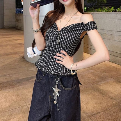 Plaid Off-Shoulder Cropped Top