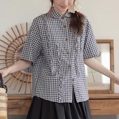 Plaid Frilled Short-Sleeved Shirt