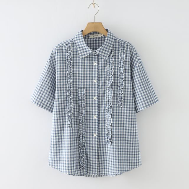 Plaid Frilled Short-Sleeved Shirt