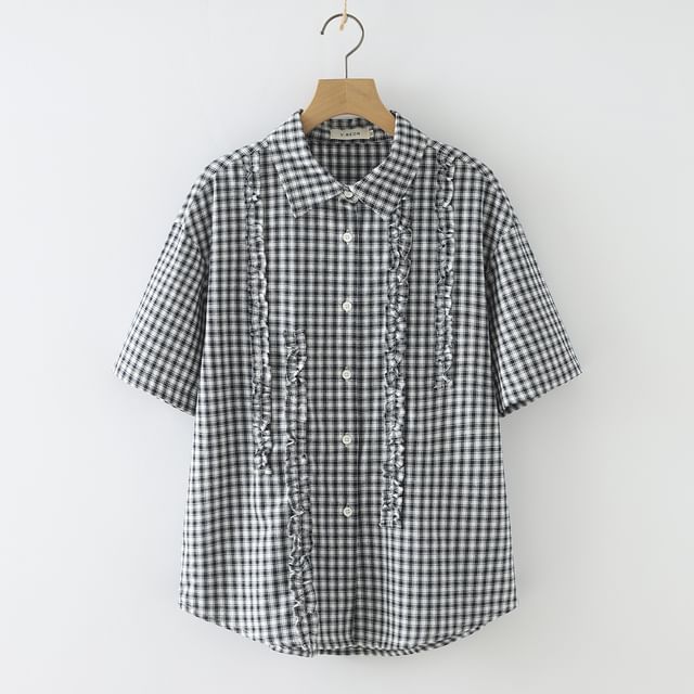 Plaid Frilled Short-Sleeved Shirt